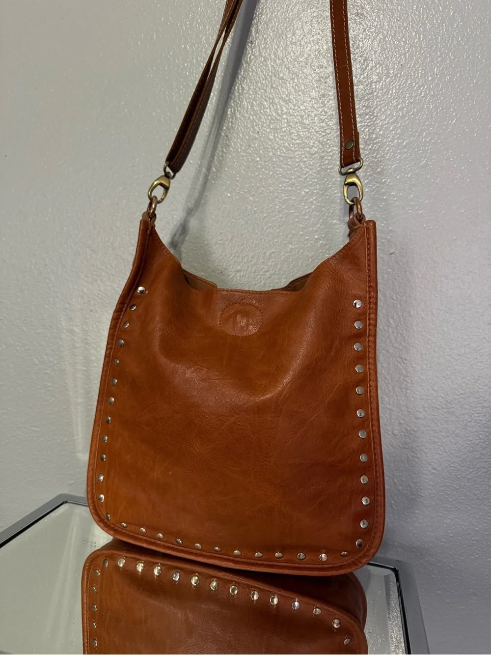 Ah!dorned Tan Studded Hobo Crossbody Bag